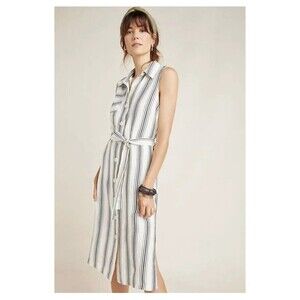 Maeve Anthropologie Dress Size 12 Esther Striped ShirtDress Black White Midi
